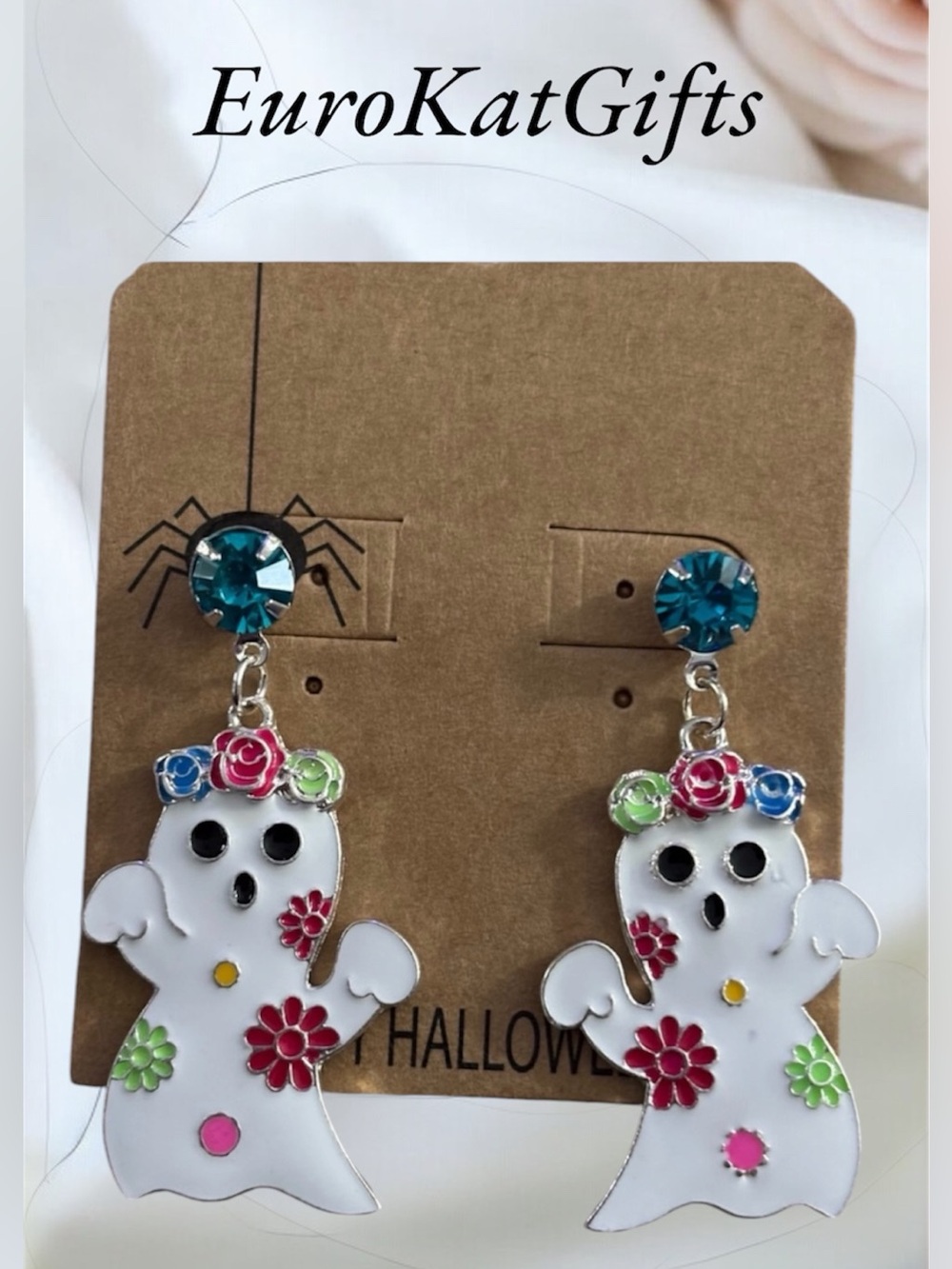 Hand Crafted White Ghost Floral Dangle Earrings BlueTeal Crystal Studs NEW